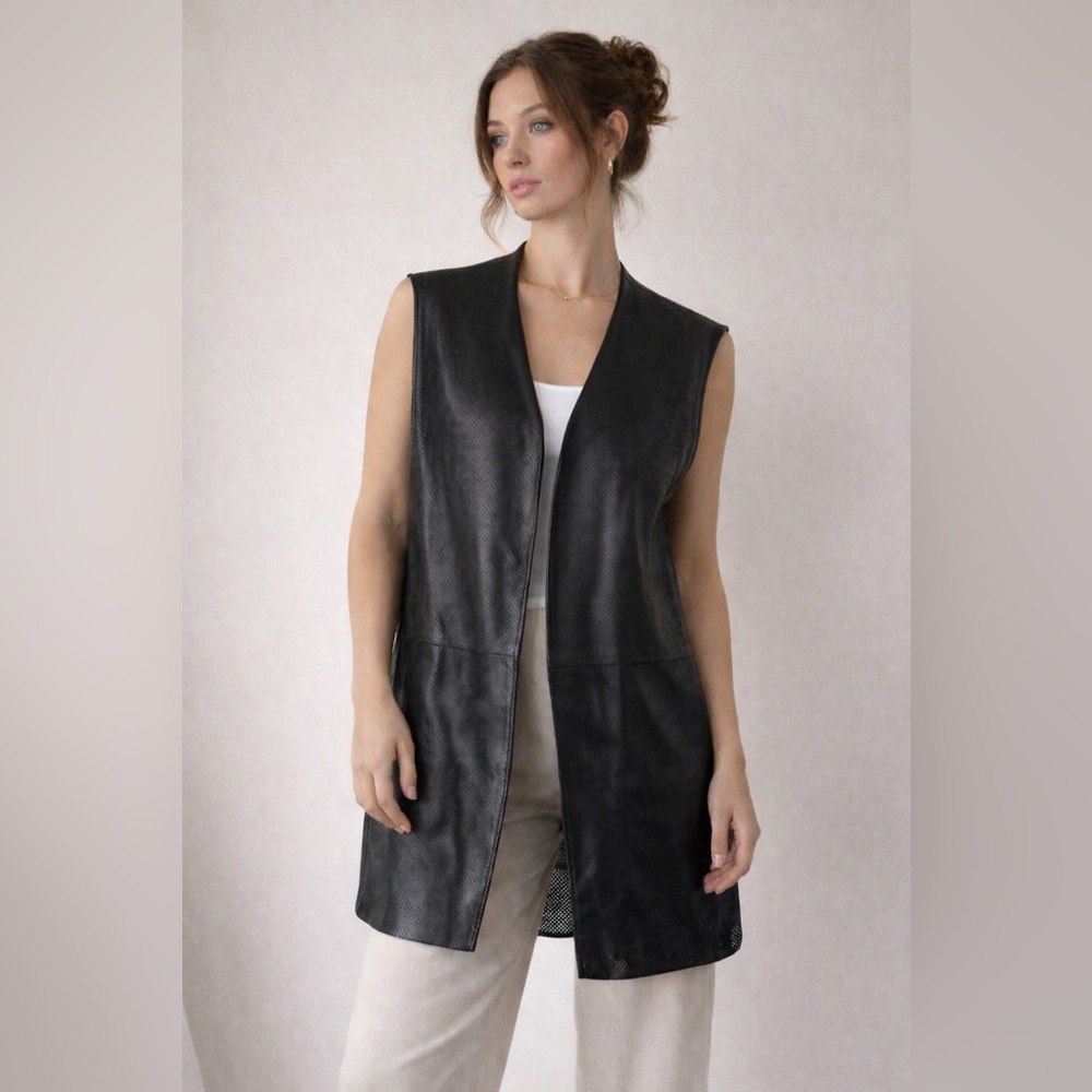 Elie Tahari Lambskin Leather Moto Vest Mesh Panel Designer Jacket Size L